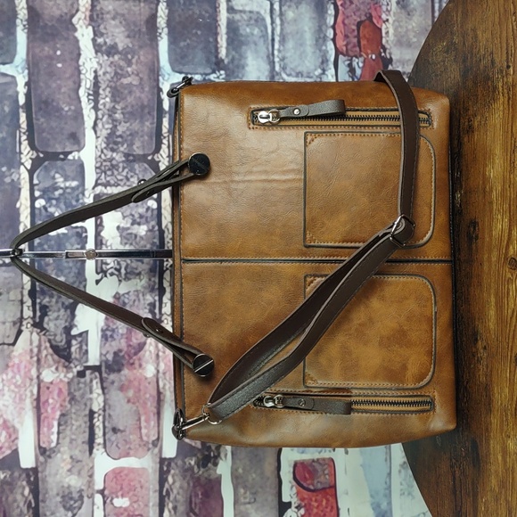 Two-Tone Brown Faux Leather Tote/Shoulder Bag - Picture 1 of 9